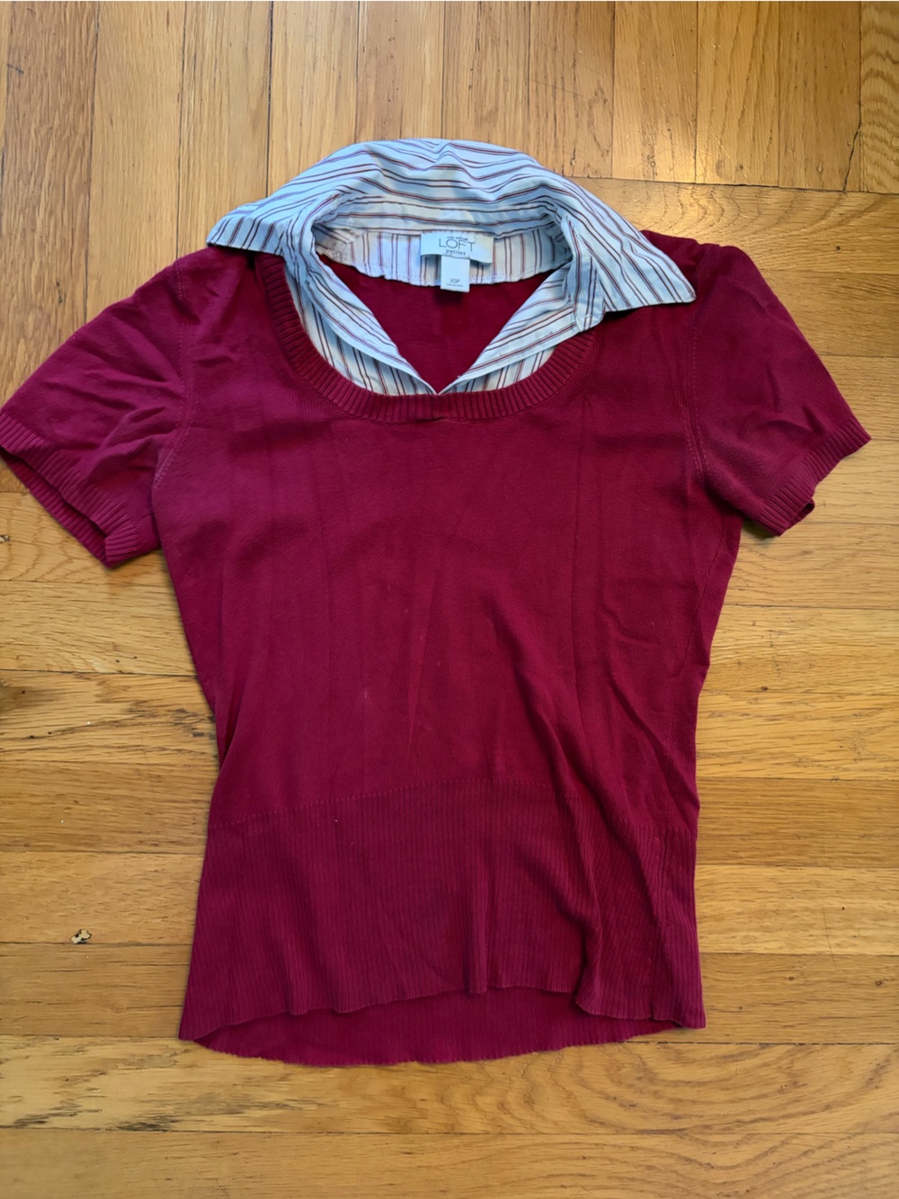 LOFT Burgundy Short-Sleeve Layered-Look Sweater with Striped Collar